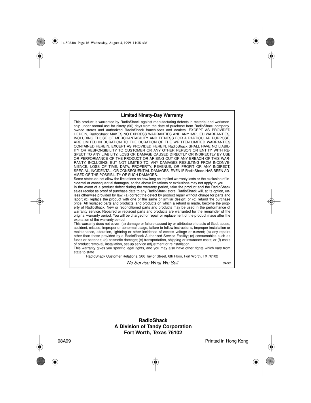 Optimus CD-3330 owner manual RadioShack Division of Tandy Corporation Fort Worth, Texas 