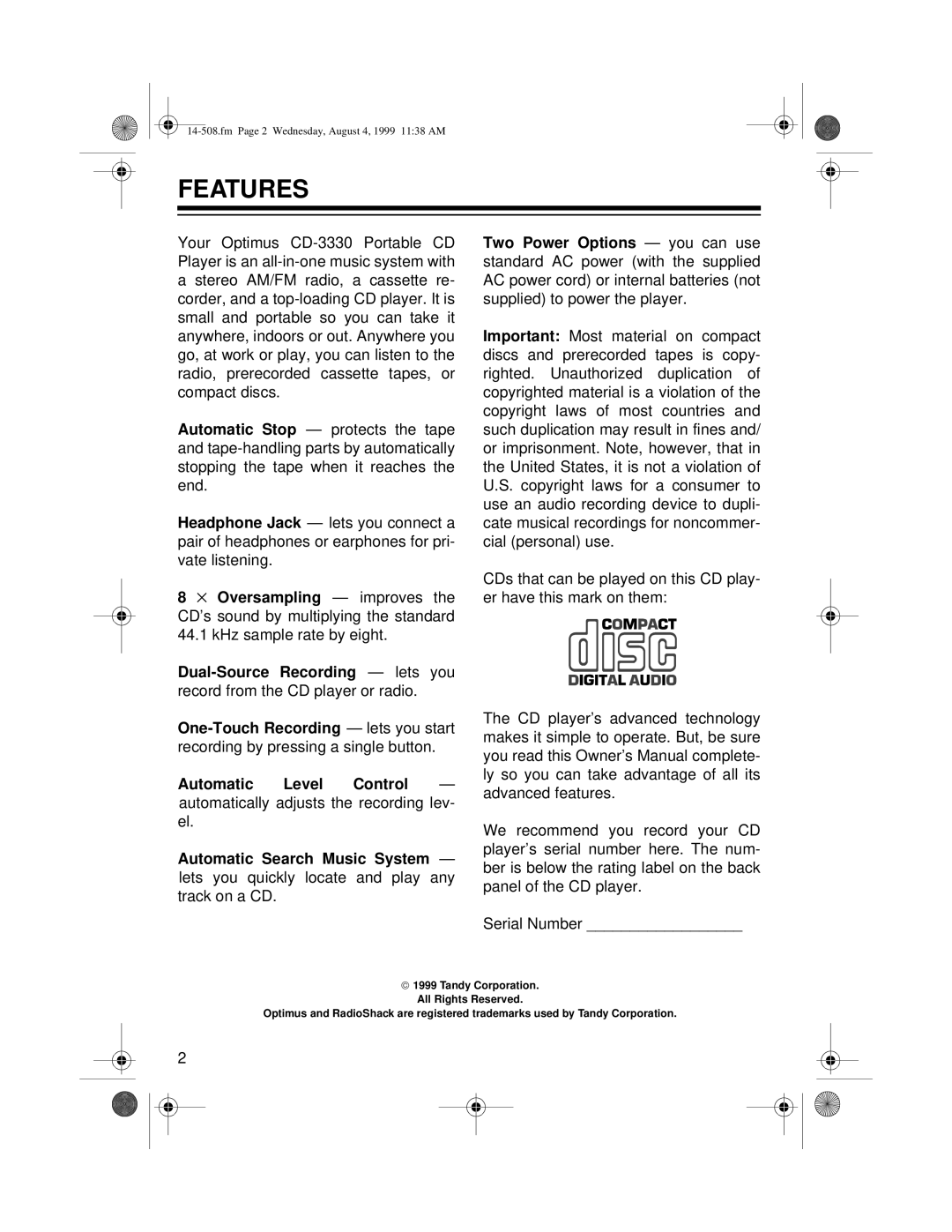 Optimus CD-3330 owner manual Features 