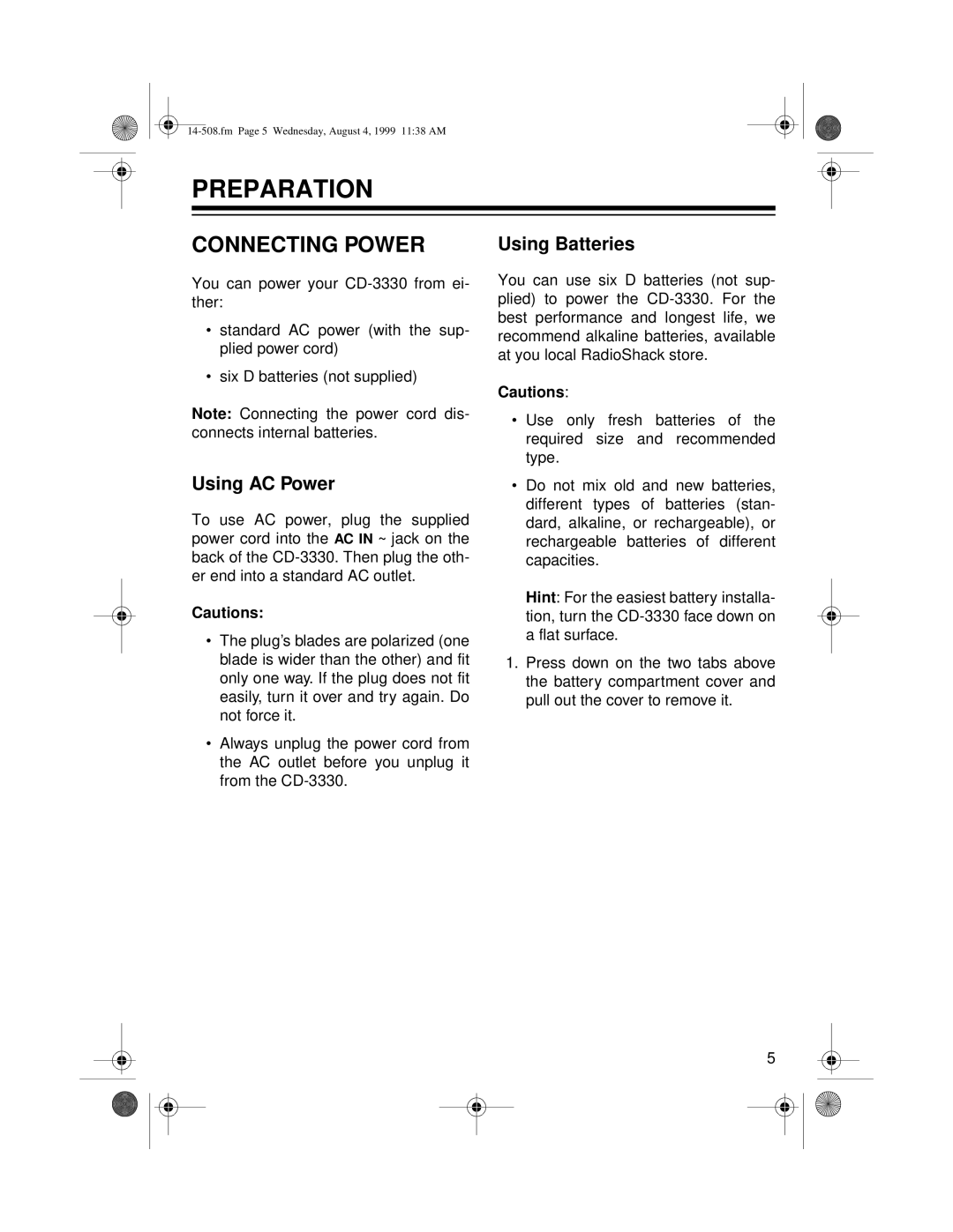 Optimus CD-3330 owner manual Preparation, Connecting Power, Using AC Power, Using Batteries 