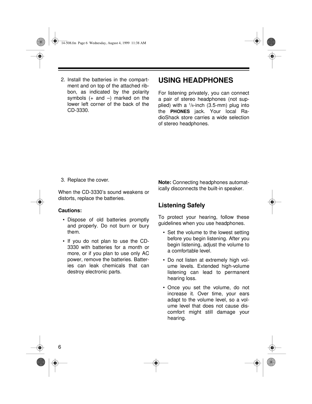 Optimus CD-3330 owner manual Using Headphones, Listening Safely 