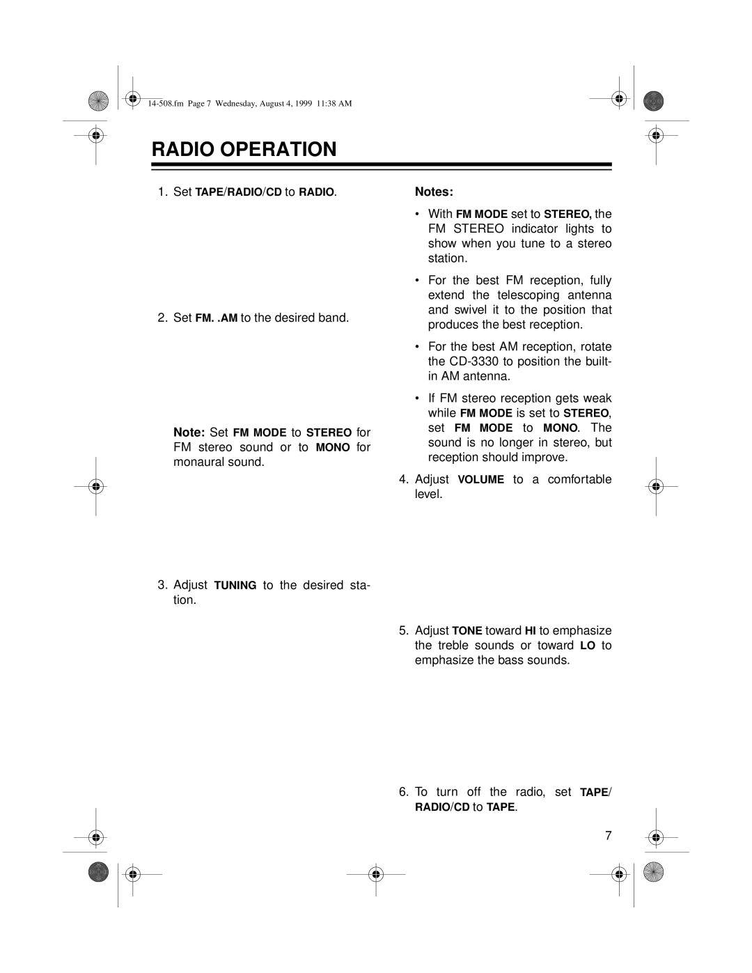 Optimus CD-3330 owner manual Radio Operation 