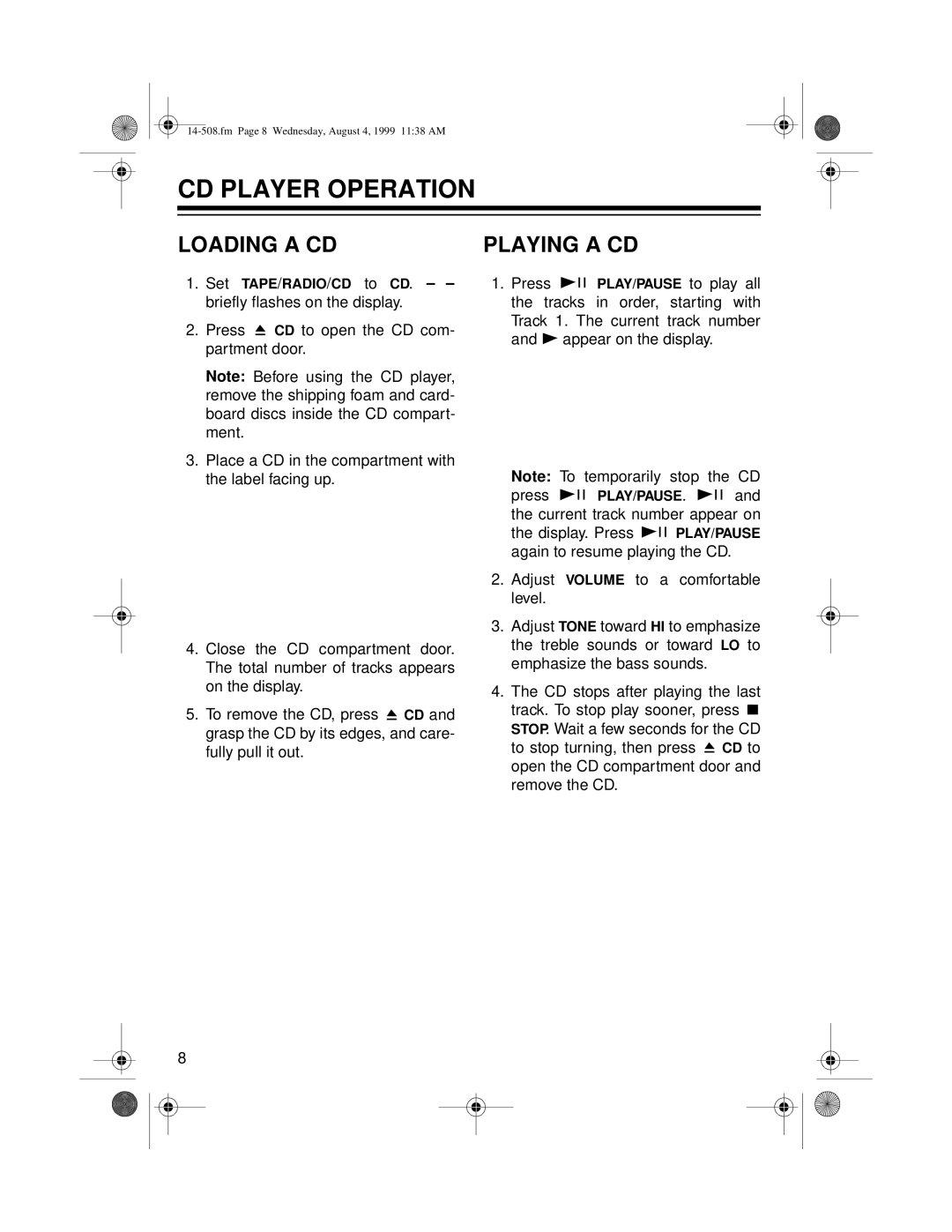 Optimus CD-3330 owner manual CD Player Operation, Loading a CD, Playing a CD 