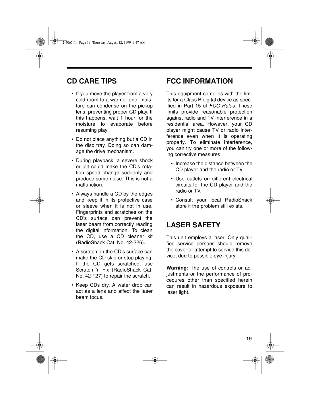 Optimus CD-3520 owner manual CD Care Tips, FCC Information, Laser Safety 