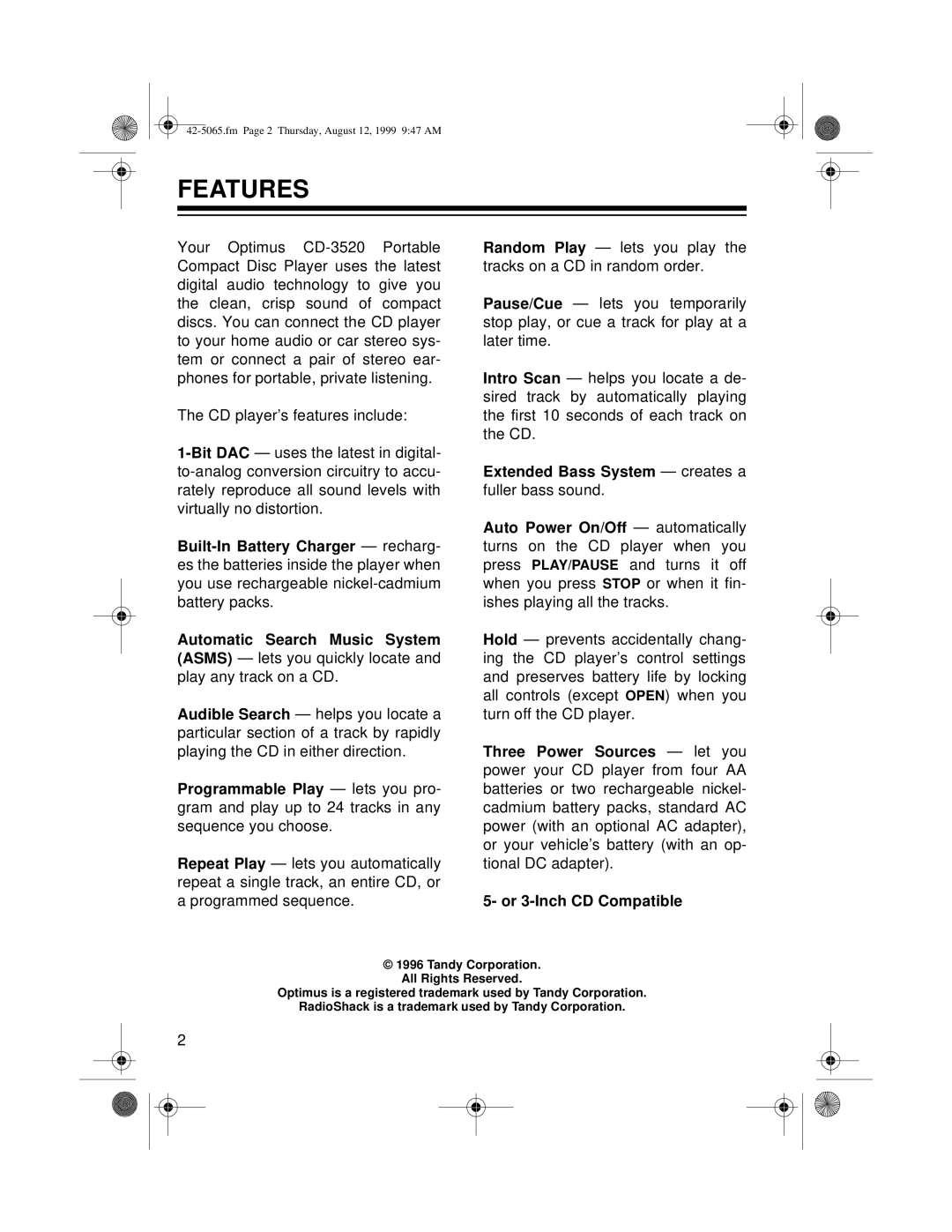 Optimus CD-3520 owner manual Features 