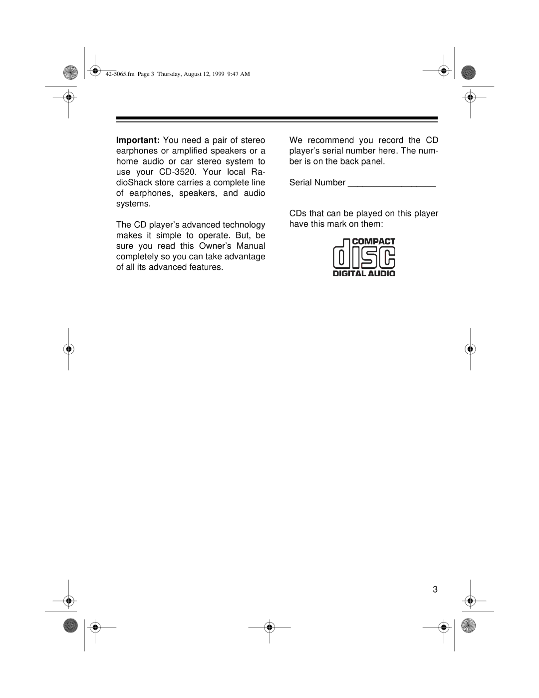 Optimus CD-3520 owner manual Fm Page 3 Thursday, August 12, 1999 947 AM 