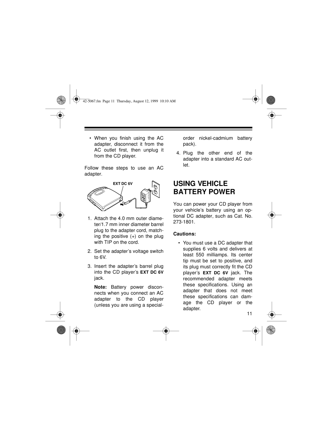 Optimus CD-3580 owner manual Using Vehicle Battery Power 