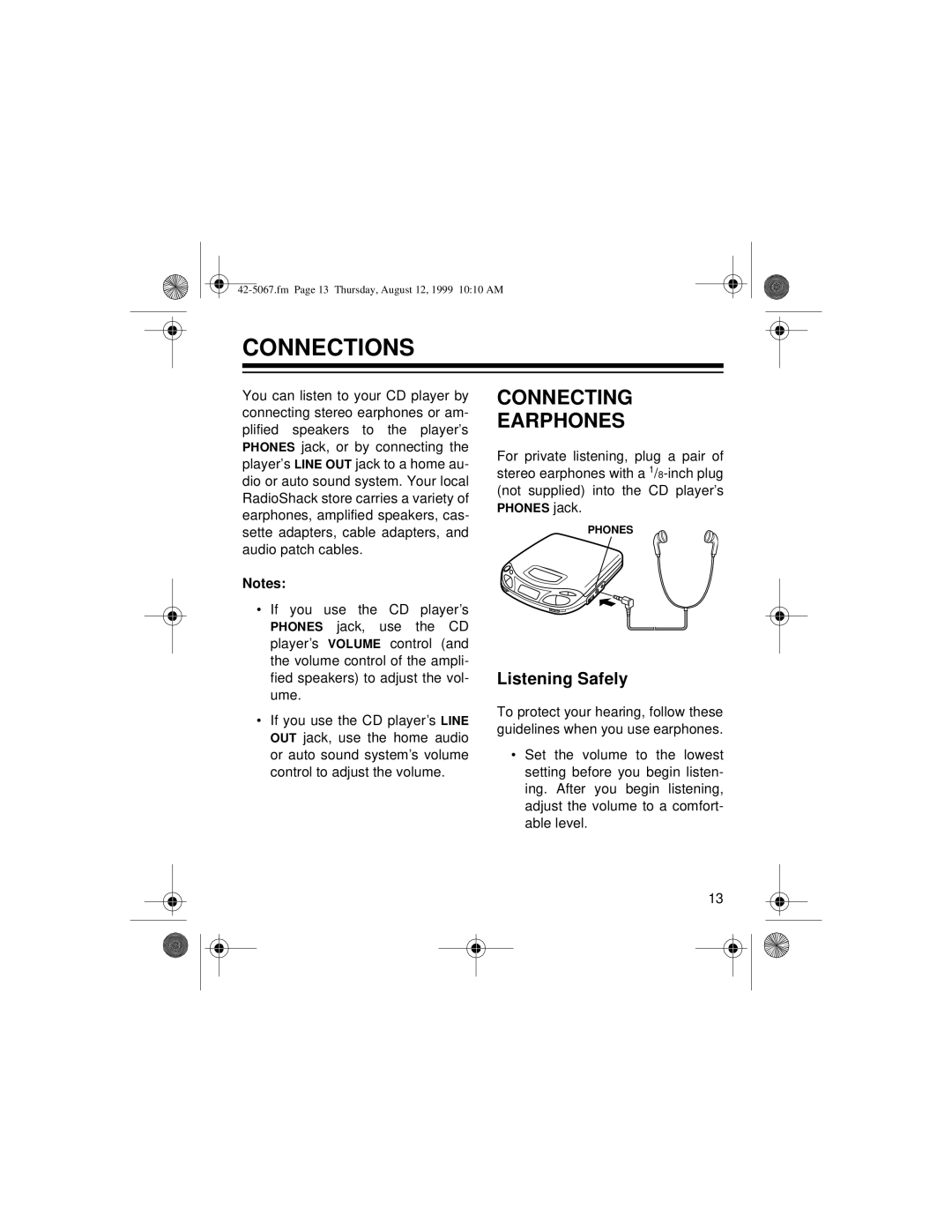 Optimus CD-3580 owner manual Connections, Connecting Earphones, Listening Safely 