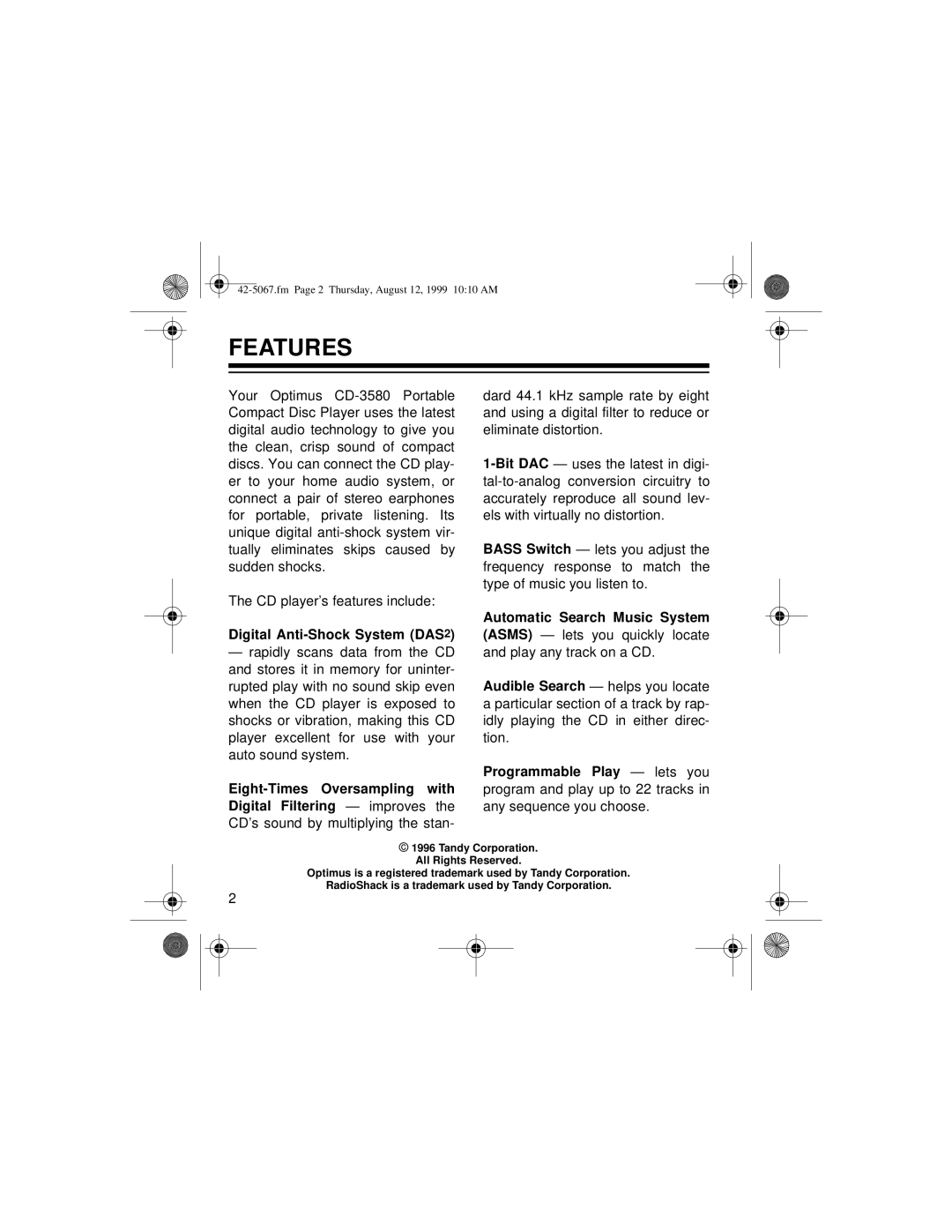 Optimus CD-3580 owner manual Features, Digital Anti-Shock System DAS2, Automatic Search Music System 