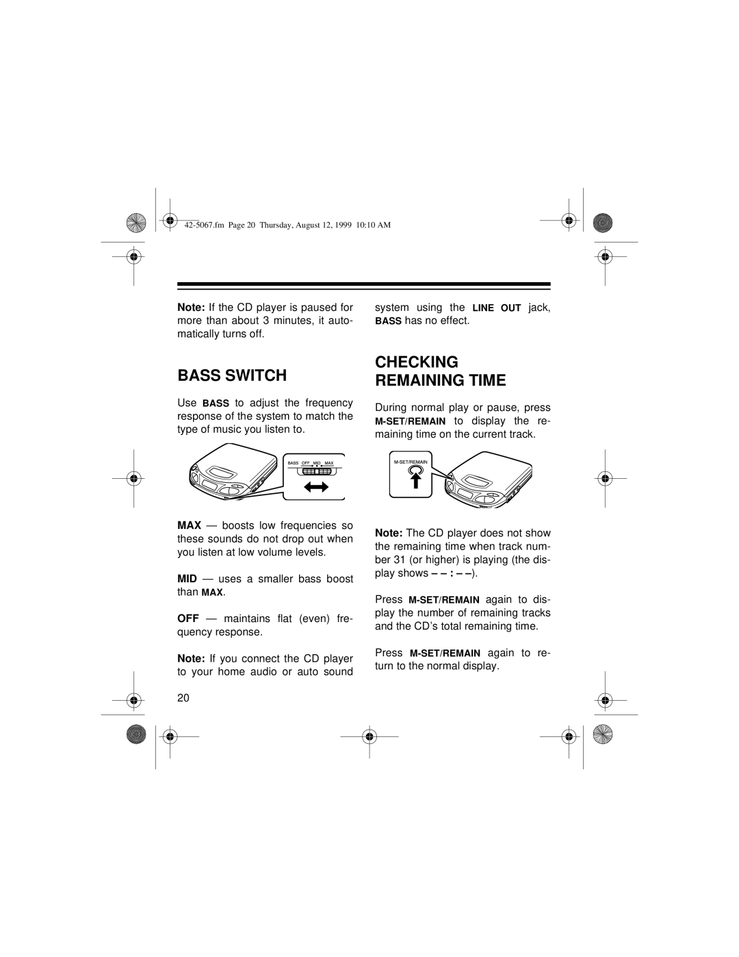 Optimus CD-3580 owner manual Bass Switch, Checking Remaining Time 