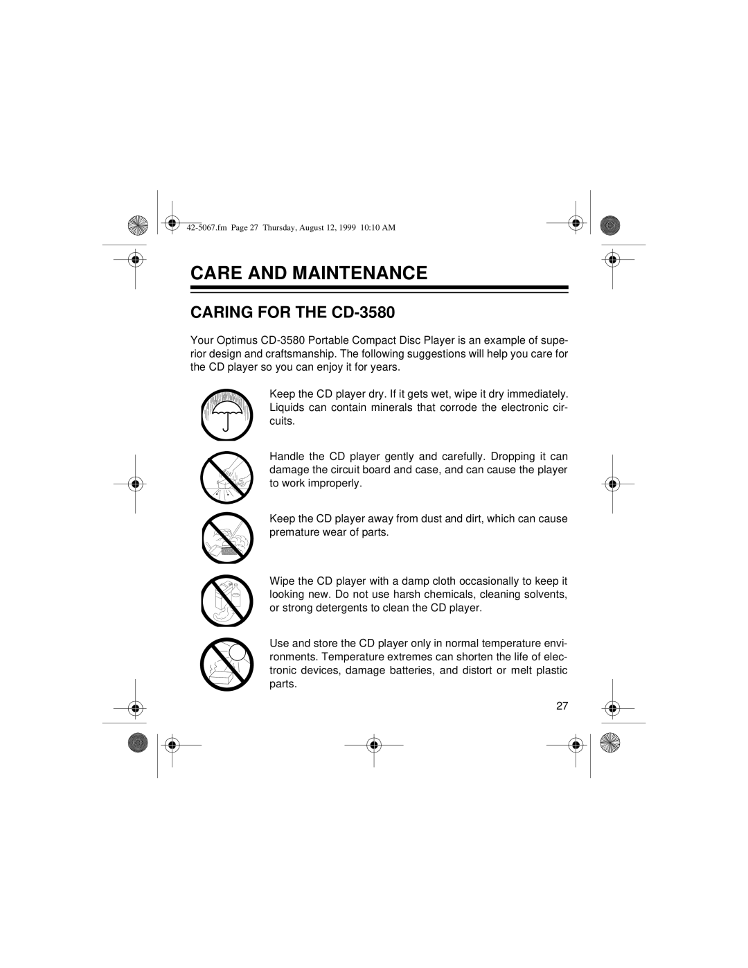 Optimus owner manual Care and Maintenance, Caring for the CD-3580 