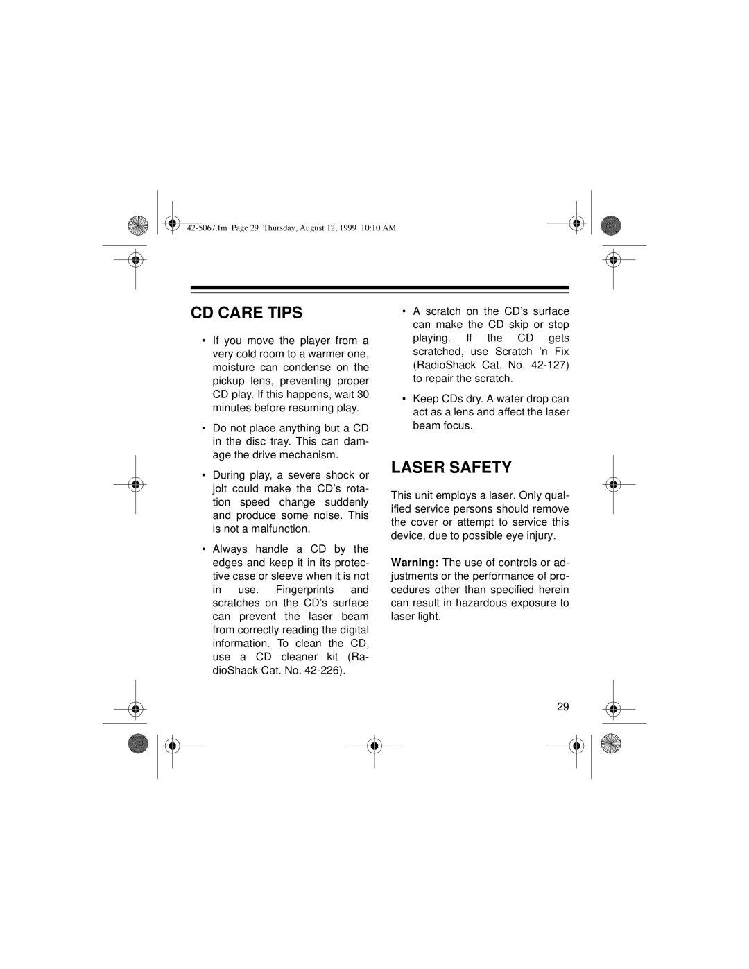 Optimus CD-3580 owner manual CD Care Tips, Laser Safety 