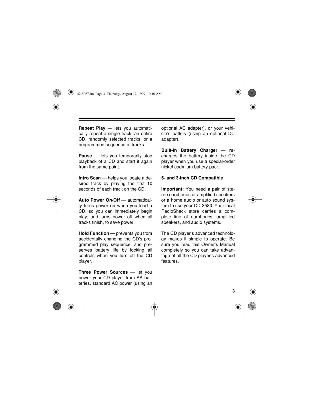 Optimus CD-3580 owner manual Fm Page 3 Thursday, August 12, 1999 1010 AM 