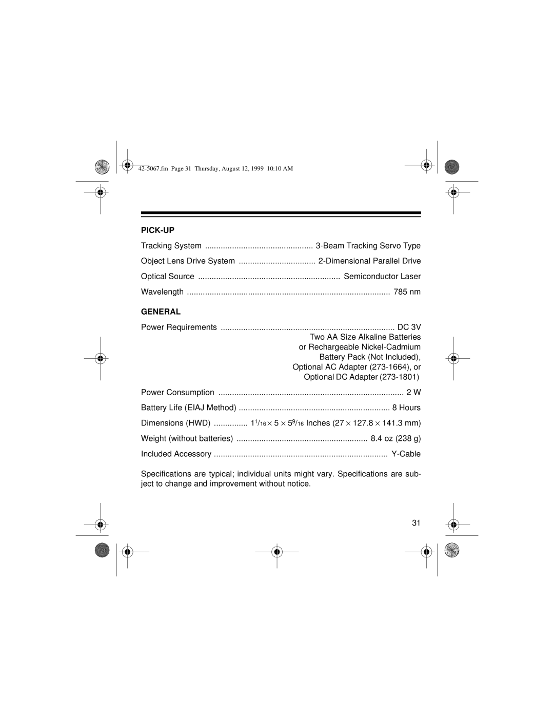 Optimus CD-3580 owner manual Pick-Up 