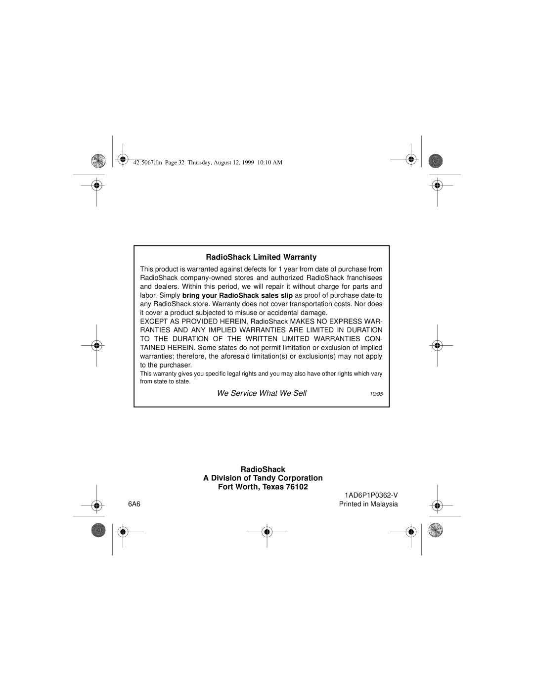 Optimus CD-3580 owner manual RadioShack Limited Warranty, Division of Tandy Corporation 