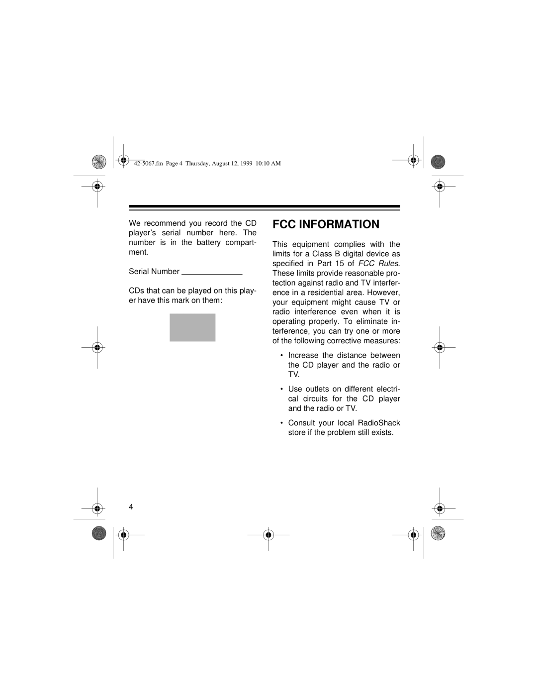 Optimus CD-3580 owner manual FCC Information 