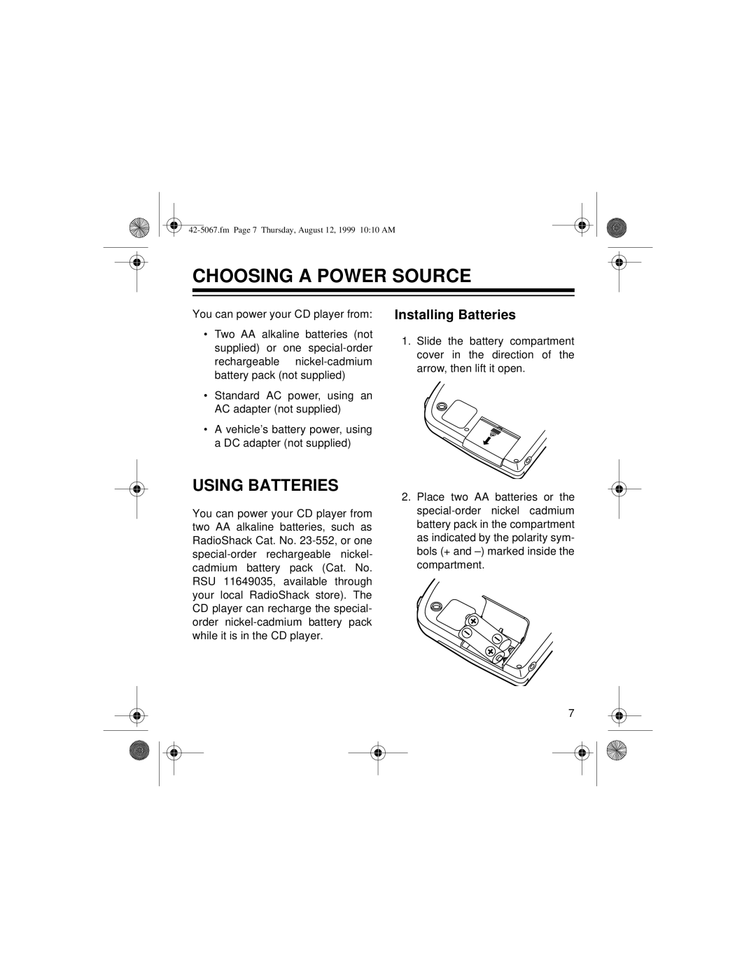 Optimus CD-3580 owner manual Choosing a Power Source, Using Batteries, Installing Batteries 