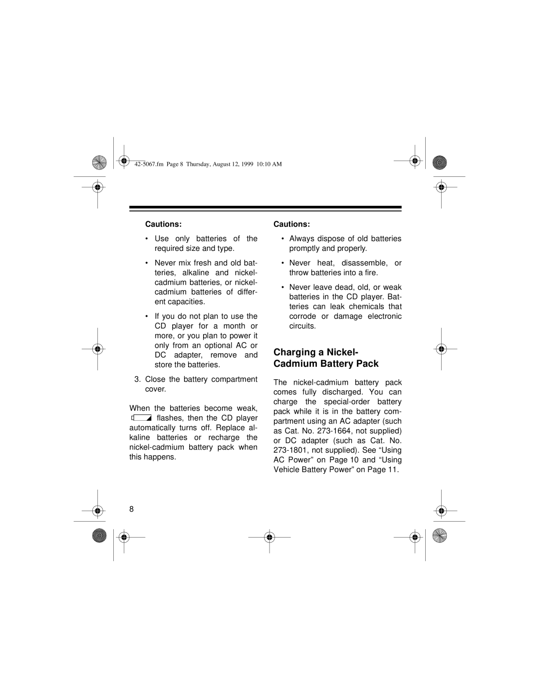 Optimus CD-3580 owner manual Charging a Nickel- Cadmium Battery Pack 