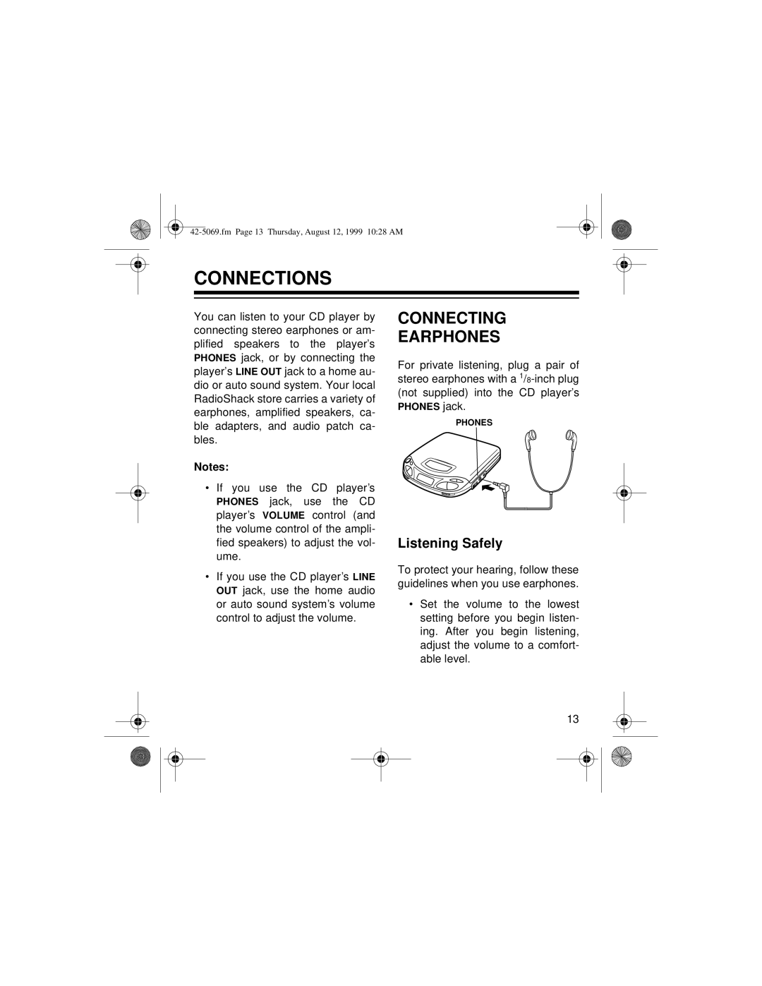 Optimus CD-3590 owner manual Connections, Connecting Earphones, Listening Safely 