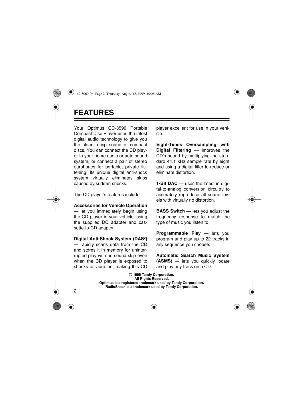 Optimus CD-3590 owner manual Features, Accessories for Vehicle Operation, Digital Anti-Shock System DAS2 