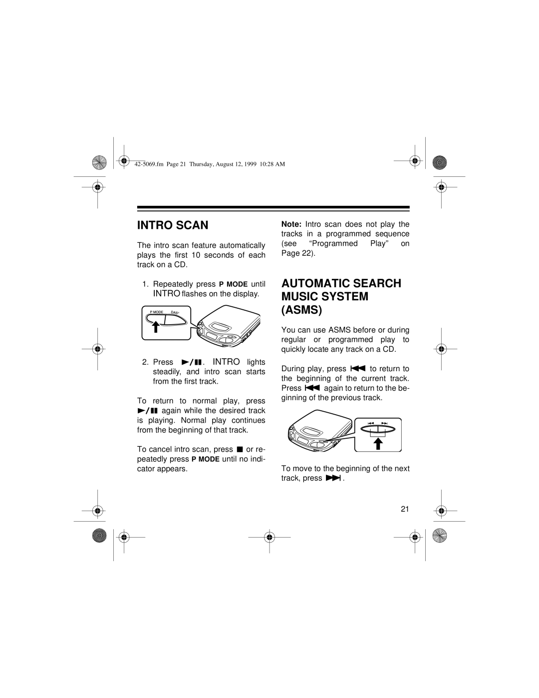 Optimus CD-3590 owner manual Intro Scan, Automatic Search Music System Asms 