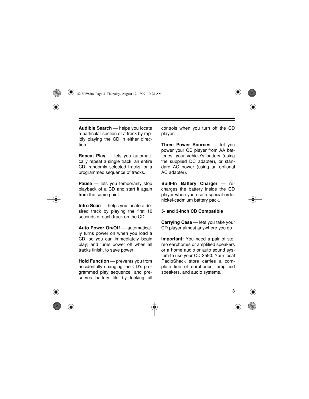 Optimus CD-3590 owner manual Fm Page 3 Thursday, August 12, 1999 1028 AM 