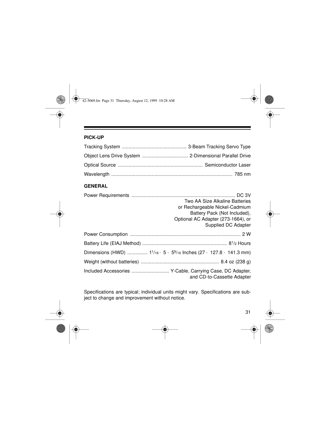 Optimus CD-3590 owner manual Pick-Up 