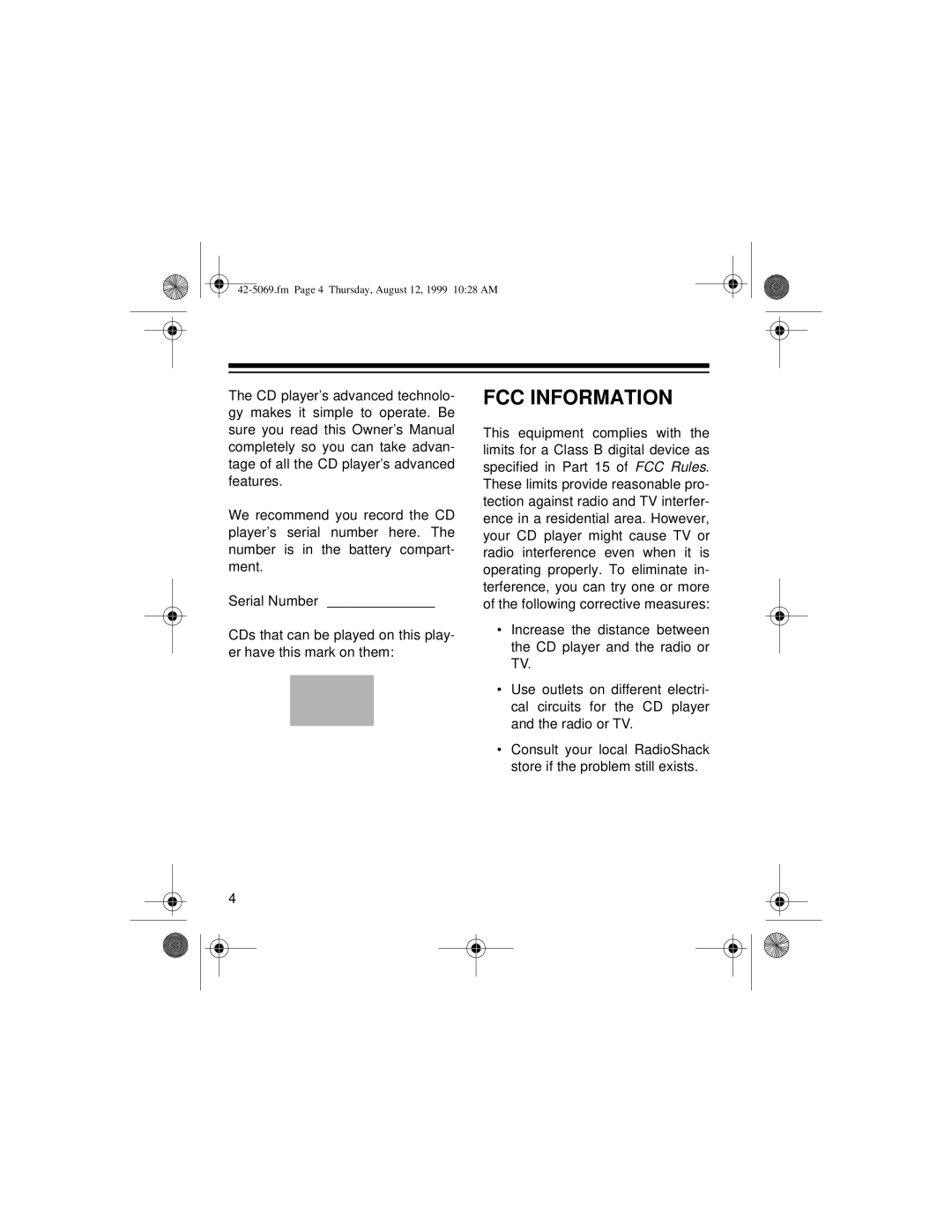 Optimus CD-3590 owner manual FCC Information 