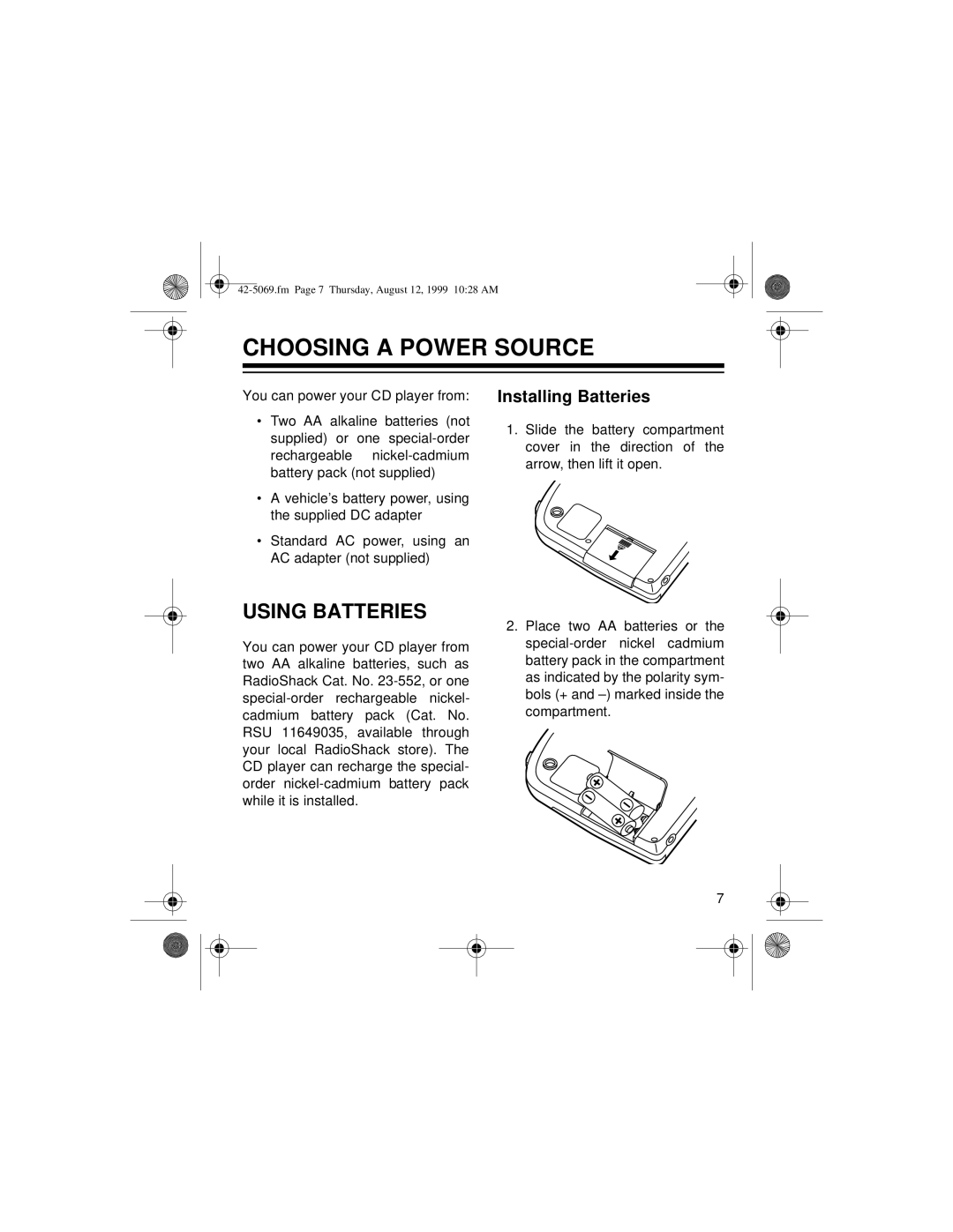 Optimus CD-3590 owner manual Choosing a Power Source, Using Batteries, Installing Batteries 