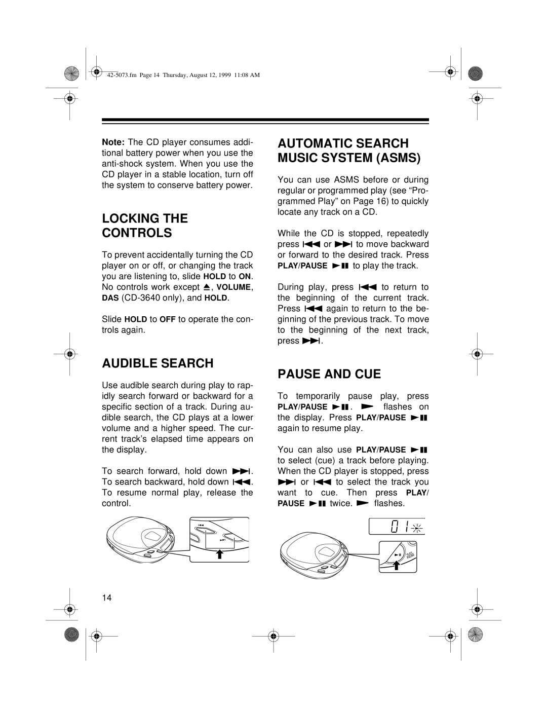 Optimus CD-3640, CD-3620 owner manual Locking Controls, Audible Search, Pause and CUE 