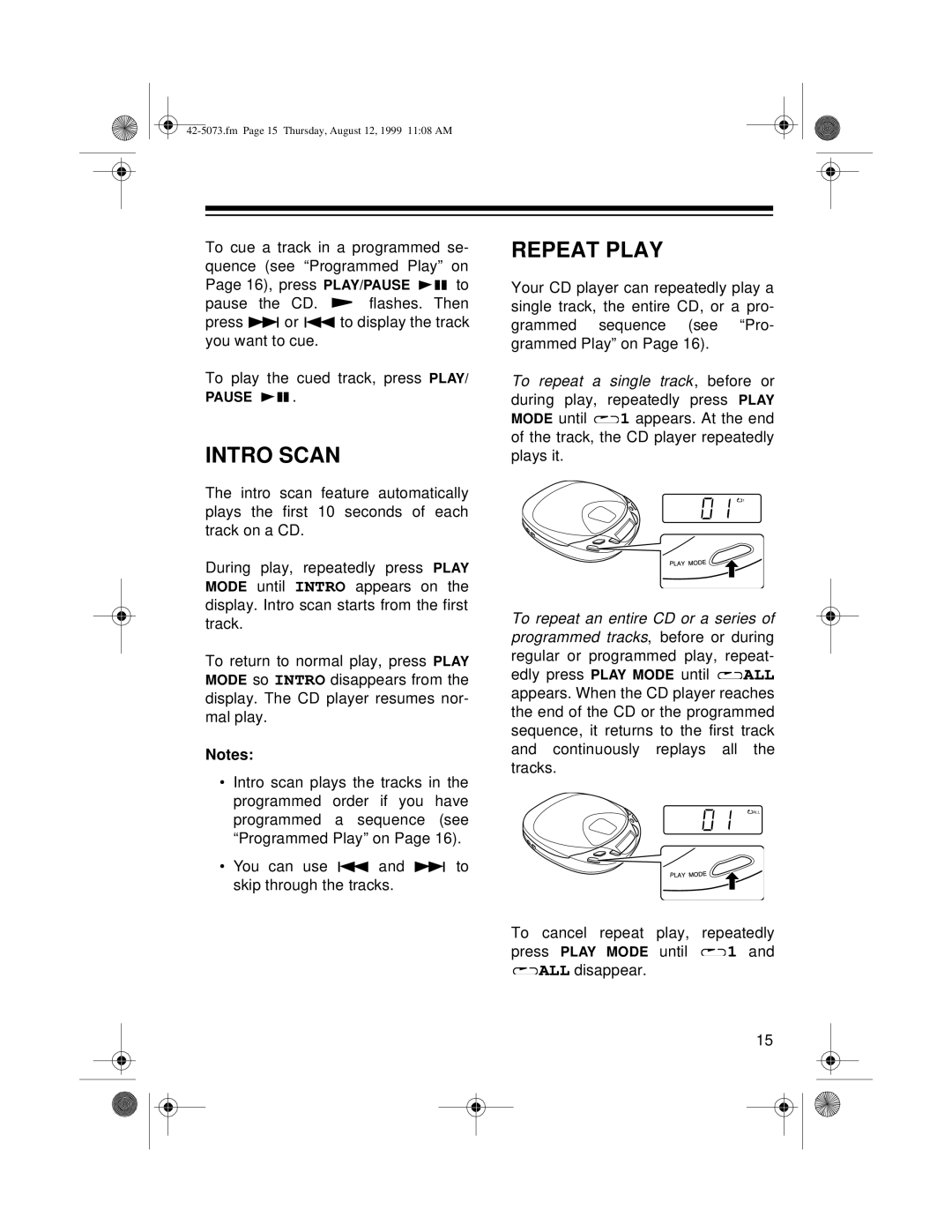 Optimus CD-3620, CD-3640 owner manual Intro Scan, Repeat Play 