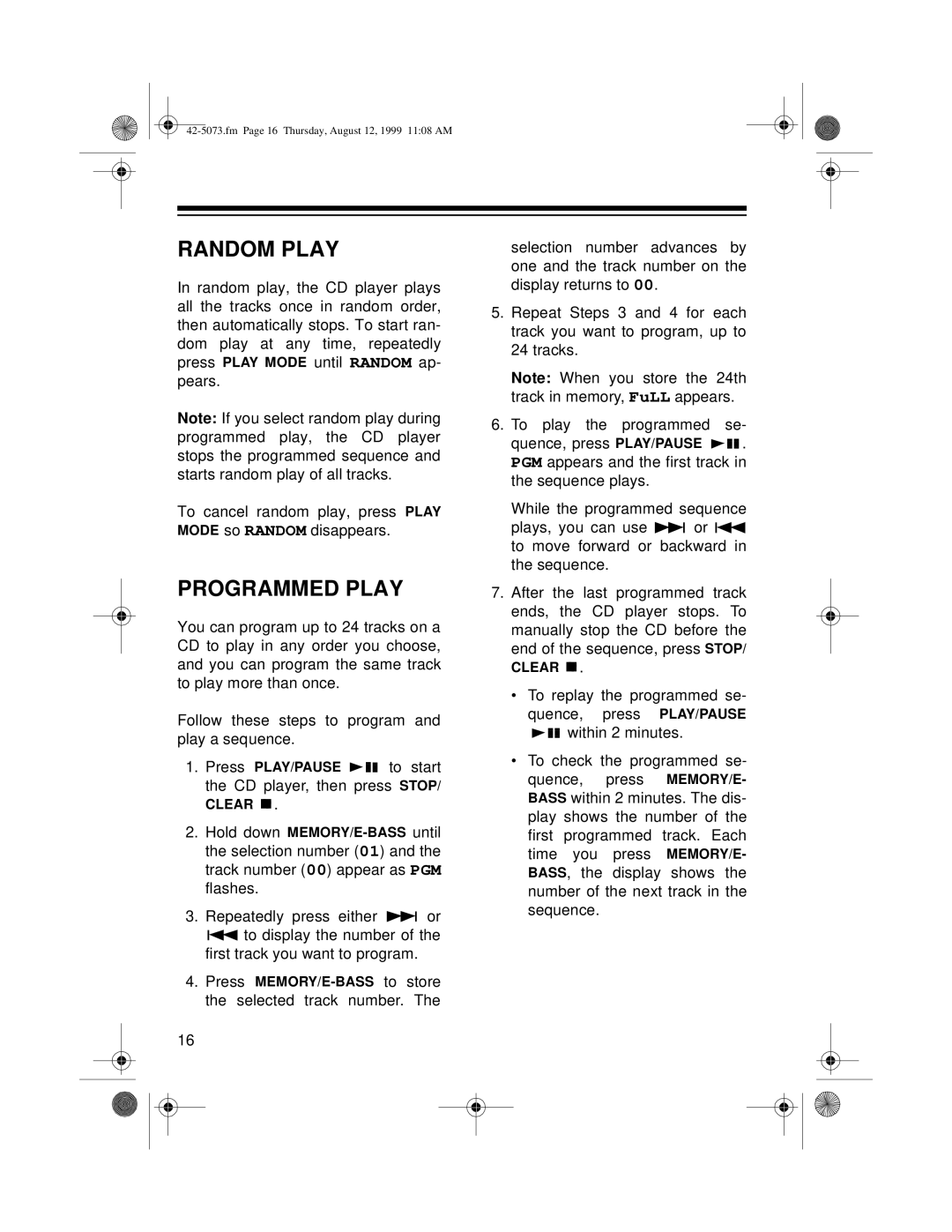 Optimus CD-3640, CD-3620 owner manual Random Play, Programmed Play 