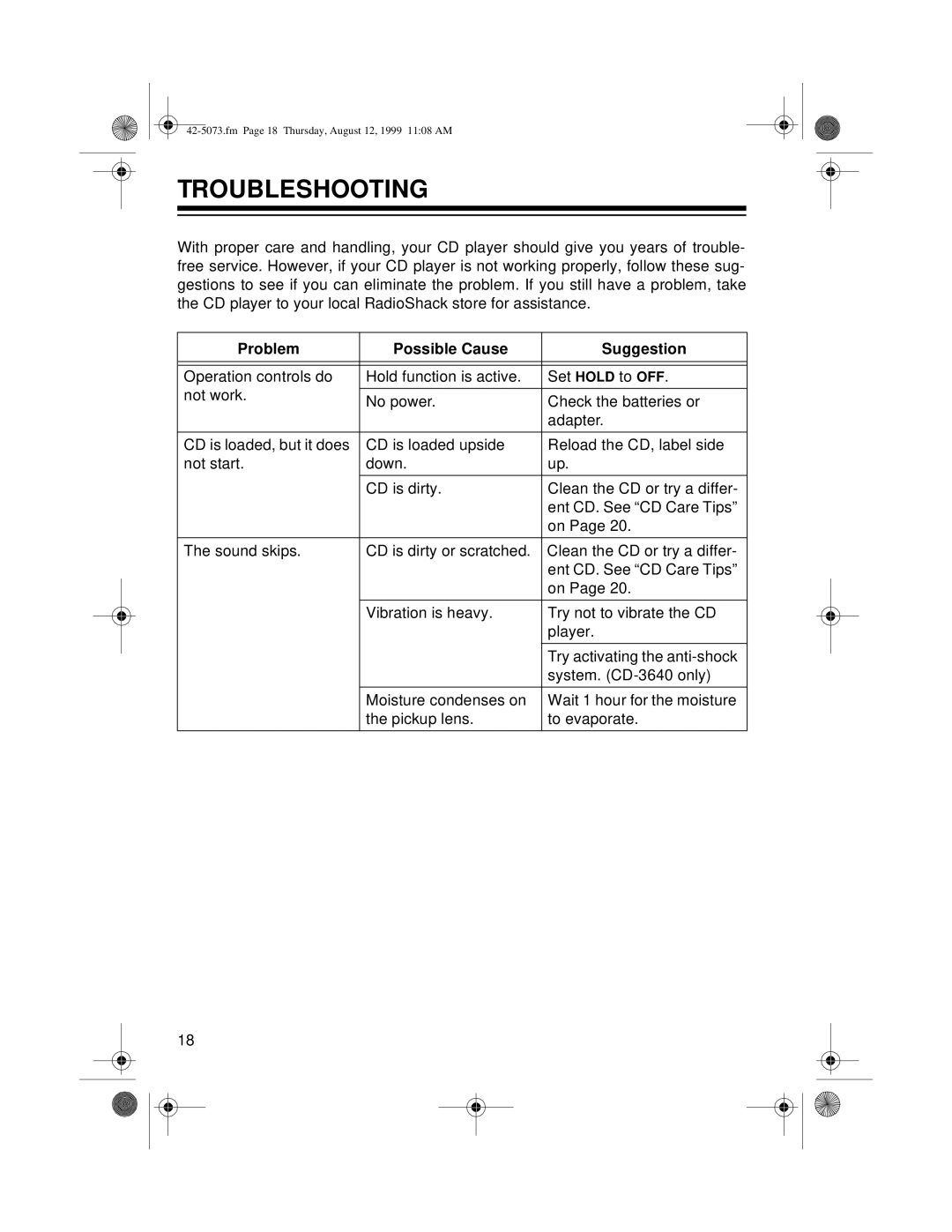 Optimus CD-3640, CD-3620 owner manual Troubleshooting, Problem Possible Cause Suggestion 