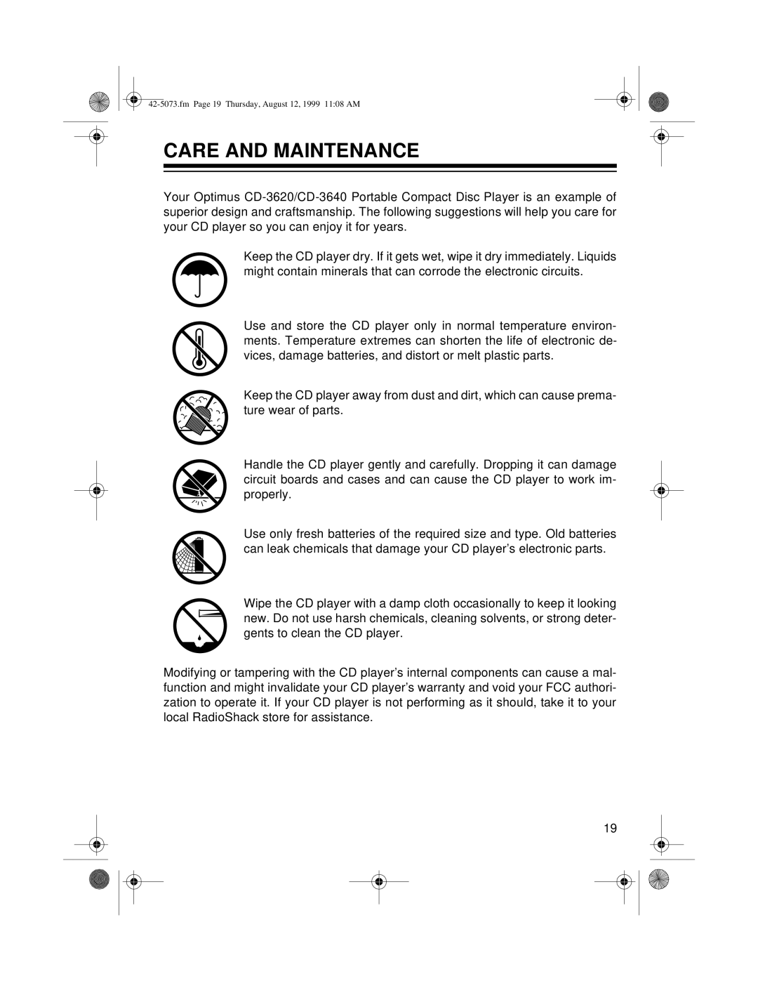 Optimus CD-3620, CD-3640 owner manual Care and Maintenance 