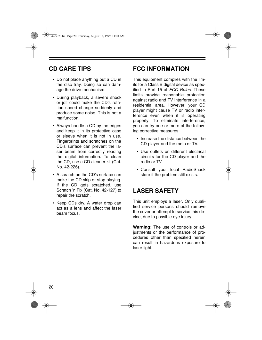 Optimus CD-3640, CD-3620 owner manual CD Care Tips, FCC Information, Laser Safety 