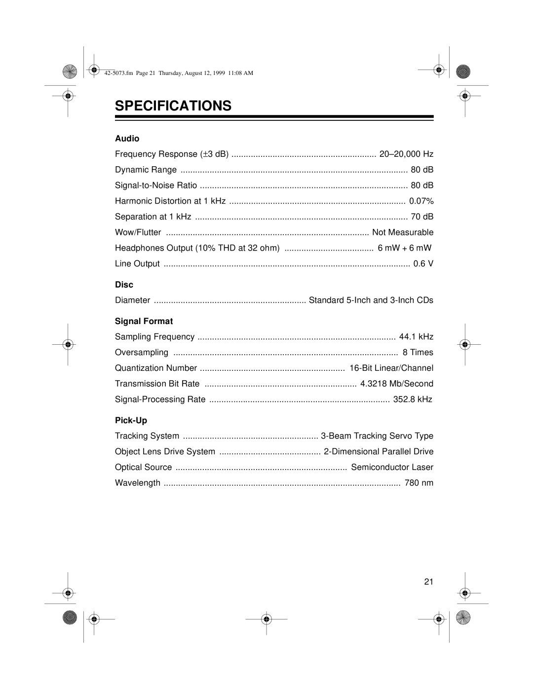 Optimus CD-3620, CD-3640 owner manual Specifications, Audio, Disc, Signal Format, Pick-Up 