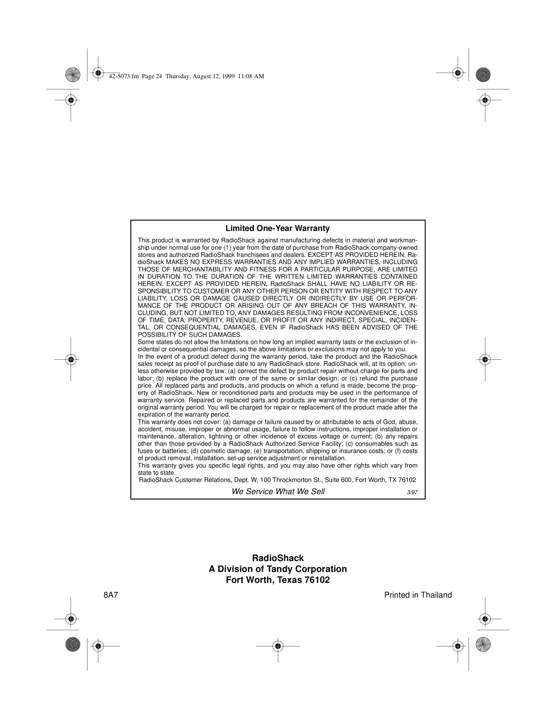 Optimus CD-3640, CD-3620 owner manual RadioShack Division of Tandy Corporation Fort Worth, Texas, Limited One-Year Warranty 