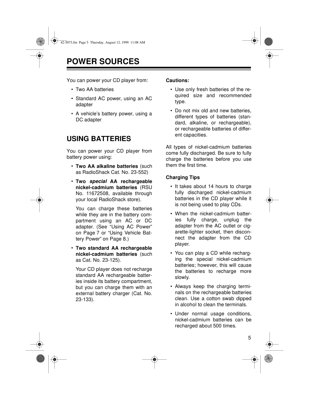 Optimus CD-3620, CD-3640 owner manual Power Sources, Using Batteries, Charging Tips 