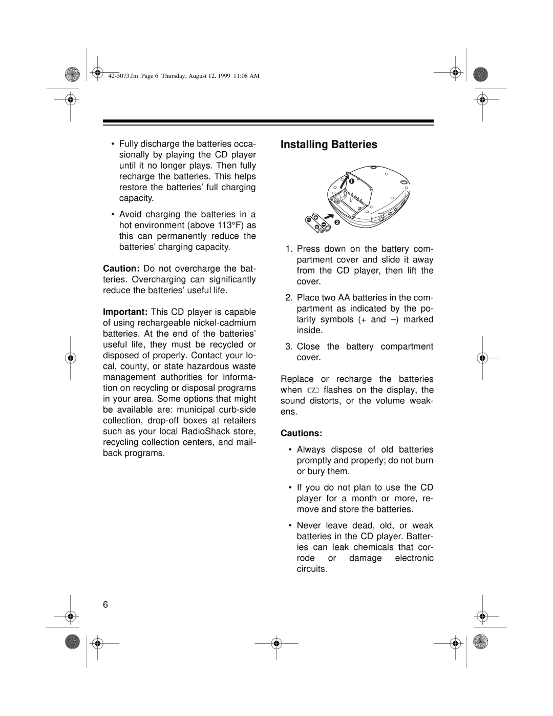 Optimus CD-3640, CD-3620 owner manual Installing Batteries 