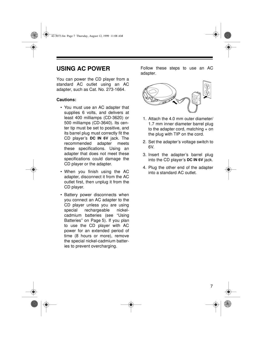 Optimus CD-3620, CD-3640 owner manual Using AC Power 