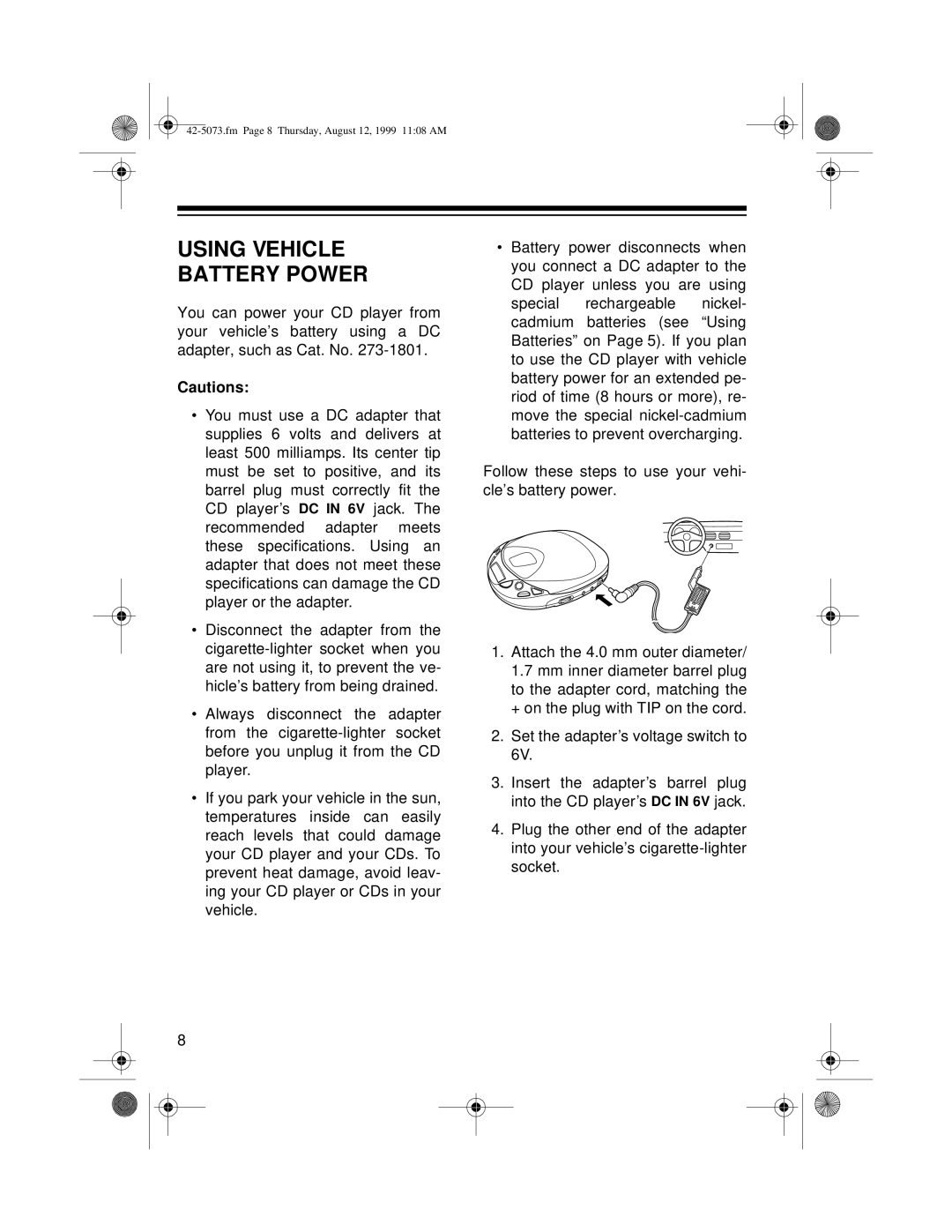 Optimus CD-3640, CD-3620 owner manual Using Vehicle Battery Power 