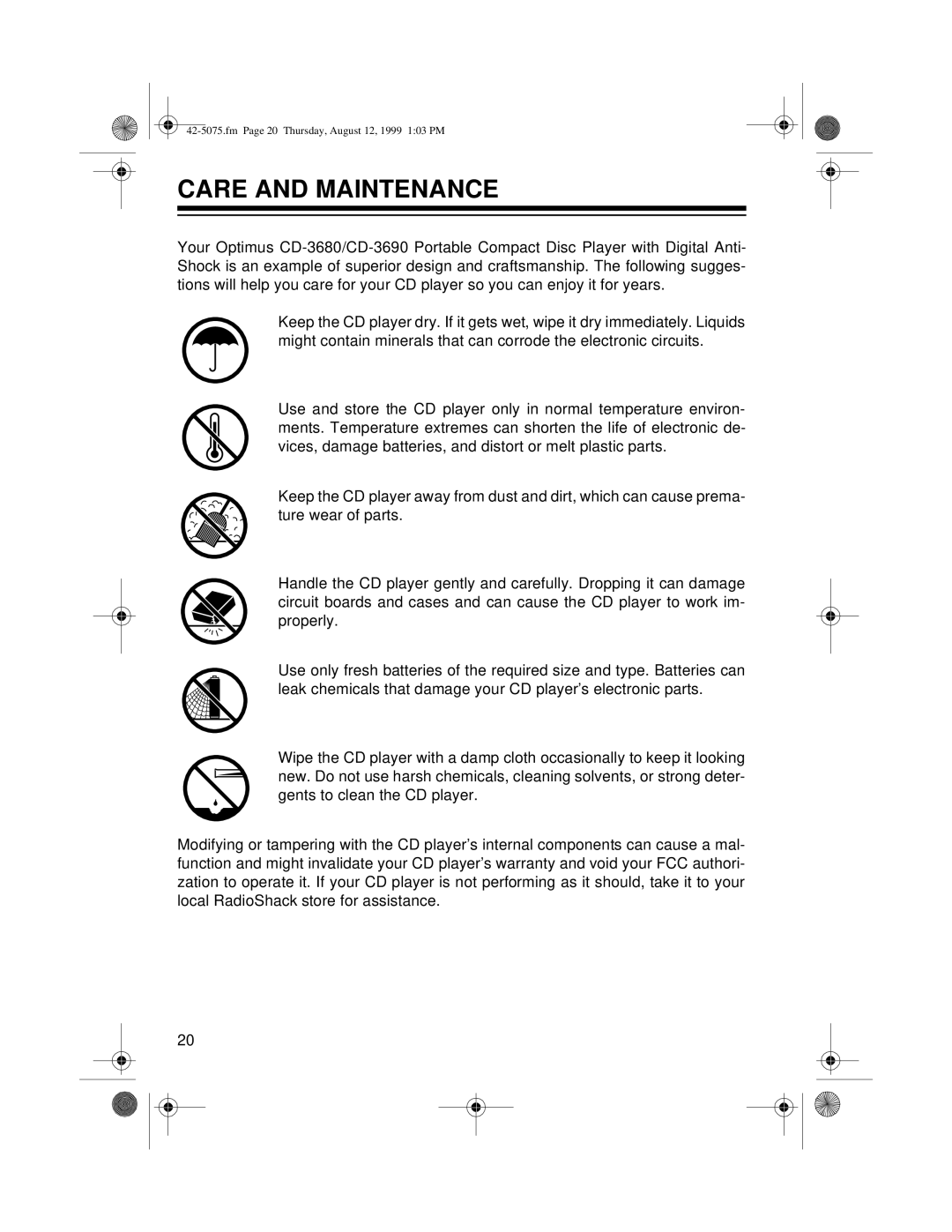 Optimus CD-3680 (42-5075), CD-3690 (42-5076) owner manual Care and Maintenance 