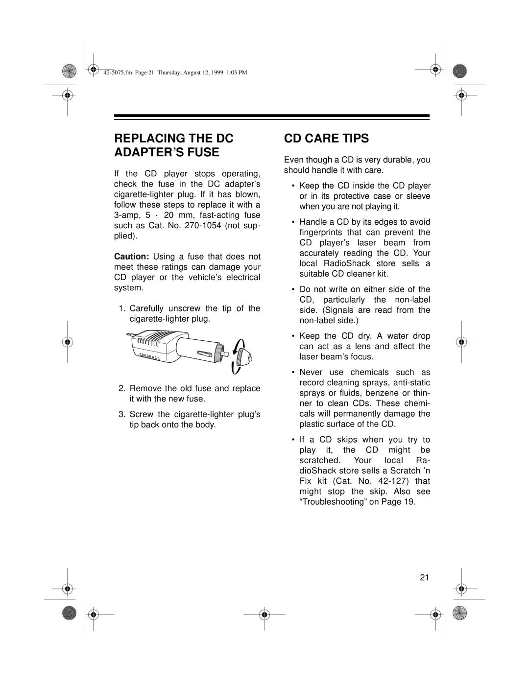 Optimus CD-3690 (42-5076), CD-3680 (42-5075) owner manual Replacing the DC ADAPTER’S Fuse, CD Care Tips 