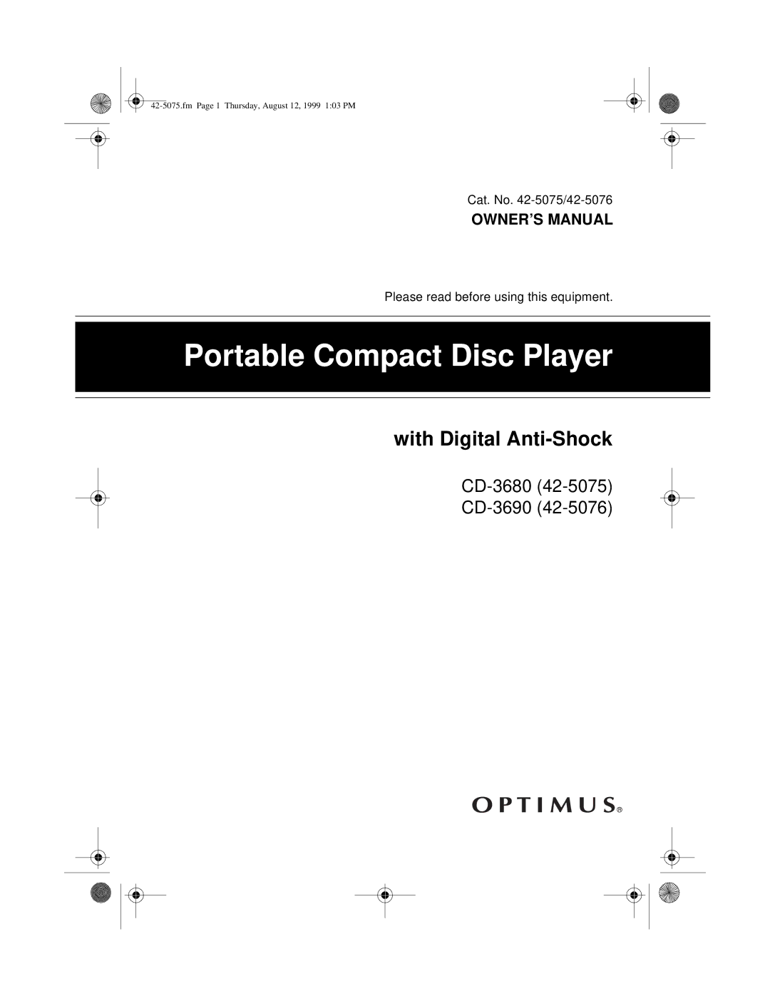 Optimus CD-3690 (42-5076), CD-3680 (42-5075) owner manual Portable Compact Disc Player 