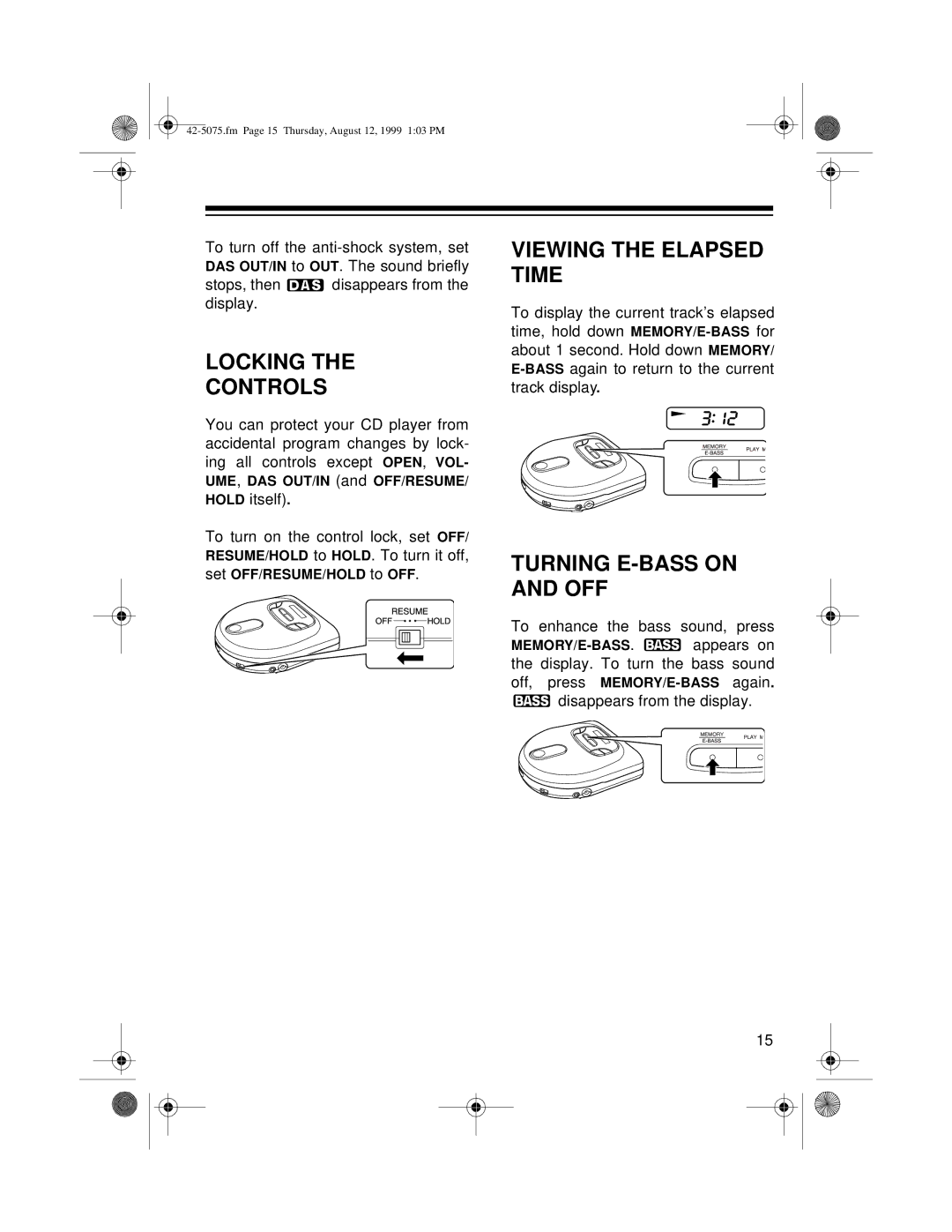 Optimus CD-3690 (42-5076), CD-3680 (42-5075) Locking Controls, Viewing the Elapsed Time, Turning E-BASS on and OFF 