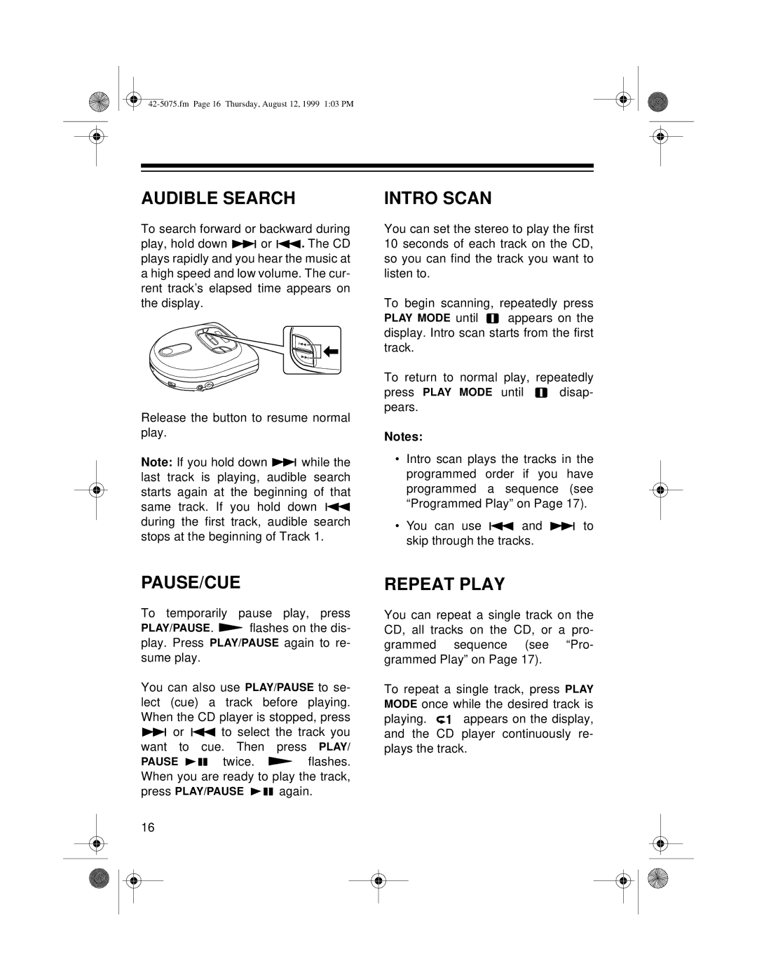 Optimus CD-3680 (42-5075), CD-3690 (42-5076) owner manual Audible Search, Intro Scan, Pause/Cue, Repeat Play 