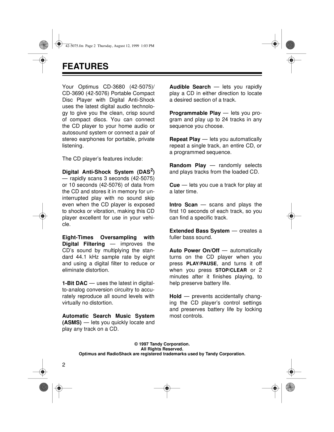 Optimus CD-3680 (42-5075), CD-3690 (42-5076) owner manual Features, Digital Anti-Shock System DAS2 