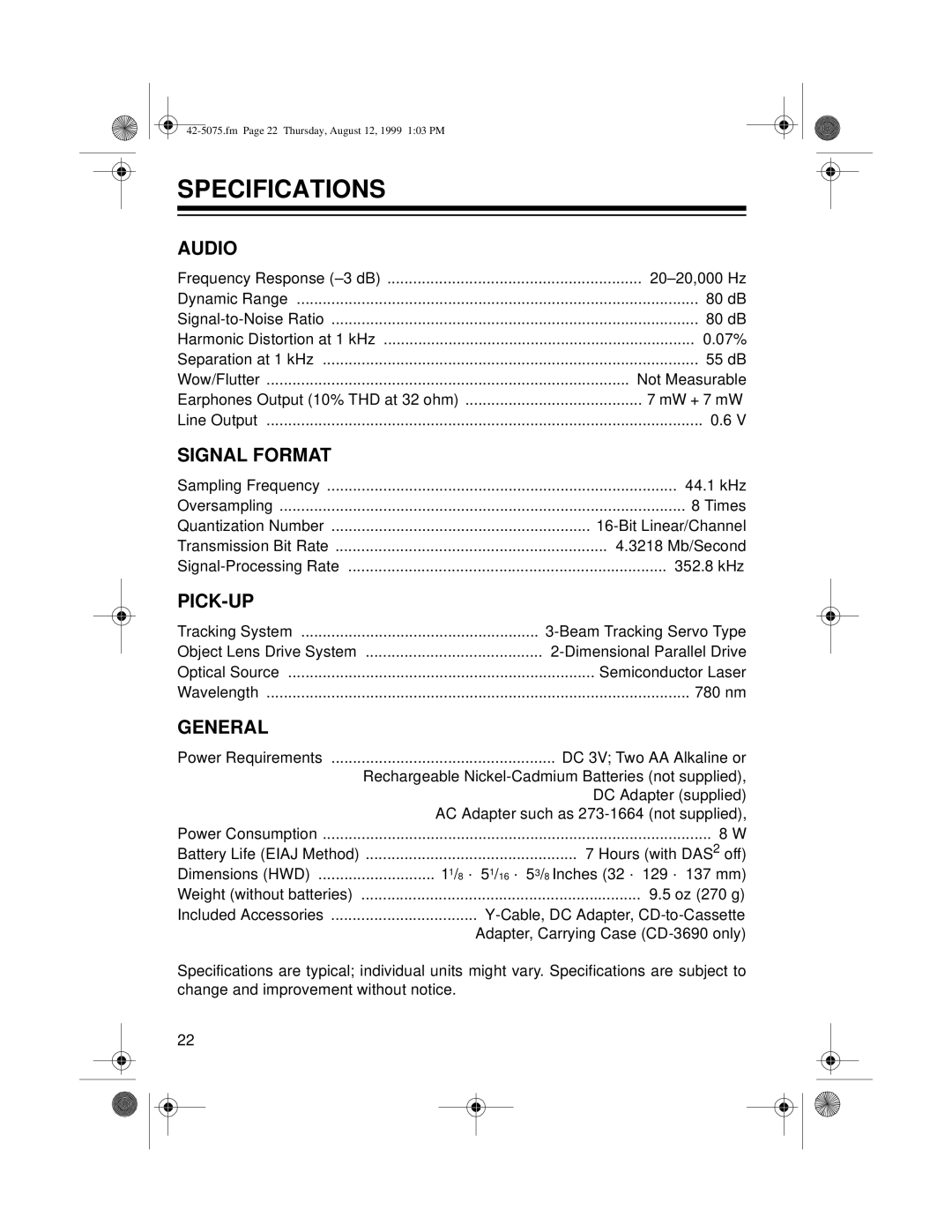 Optimus CD-3680 (42-5075), CD-3690 (42-5076) owner manual Specifications, Audio 