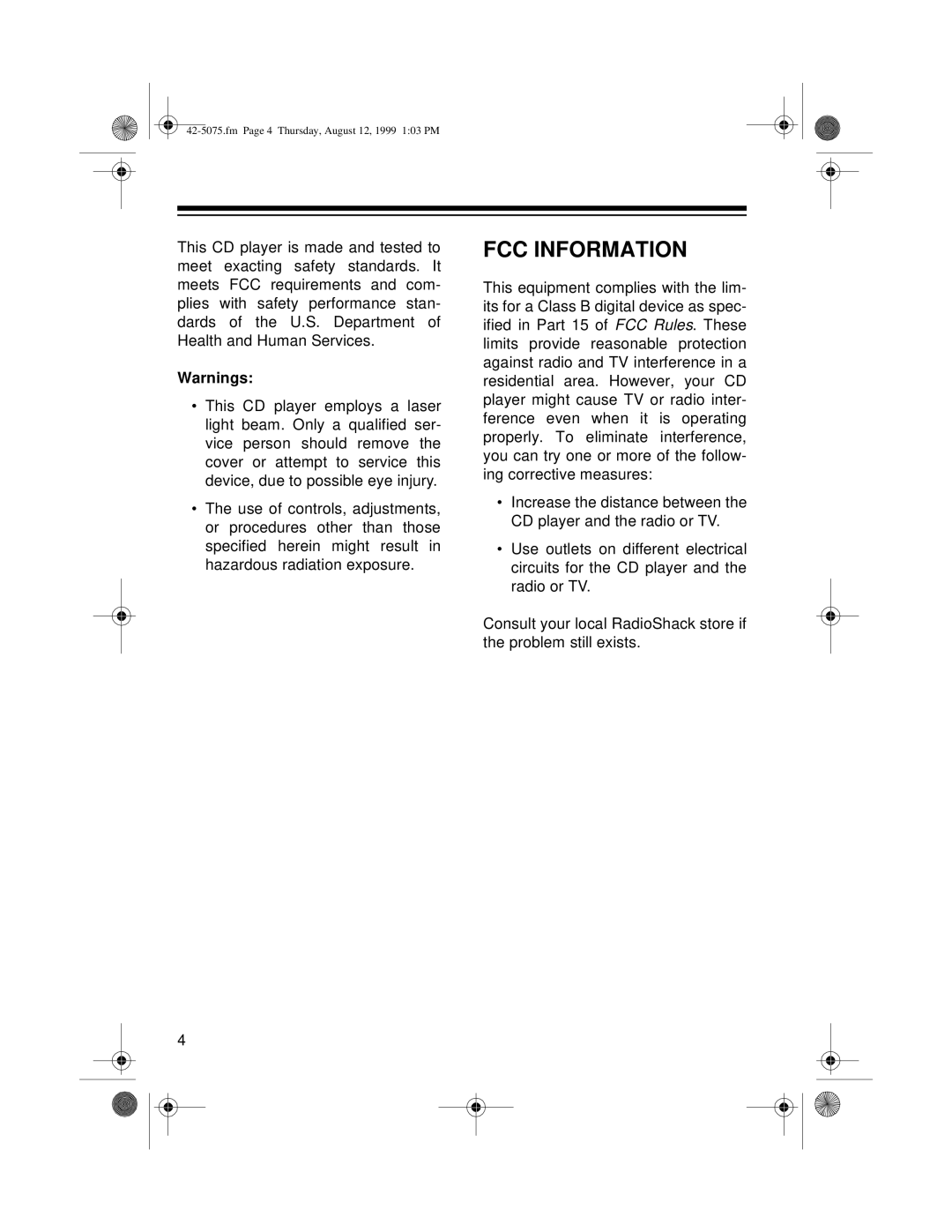 Optimus CD-3680 (42-5075), CD-3690 (42-5076) owner manual FCC Information 