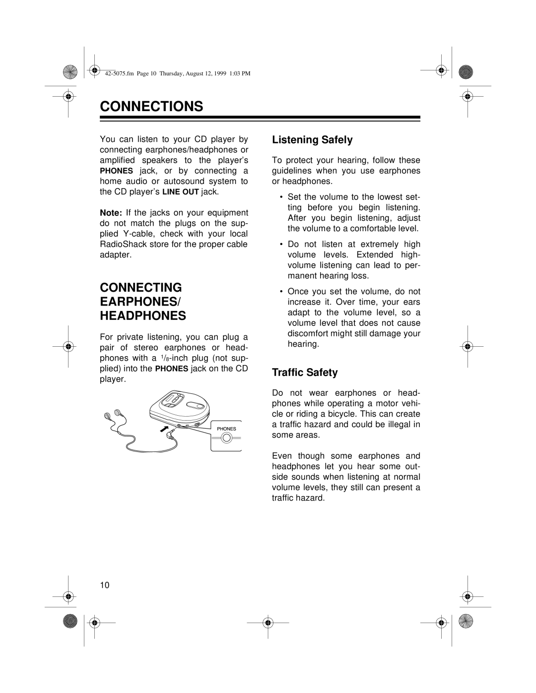 Optimus CD-3680 (42-5075) owner manual Connections, Connecting Earphones Headphones, Listening Safely, Traffic Safety 