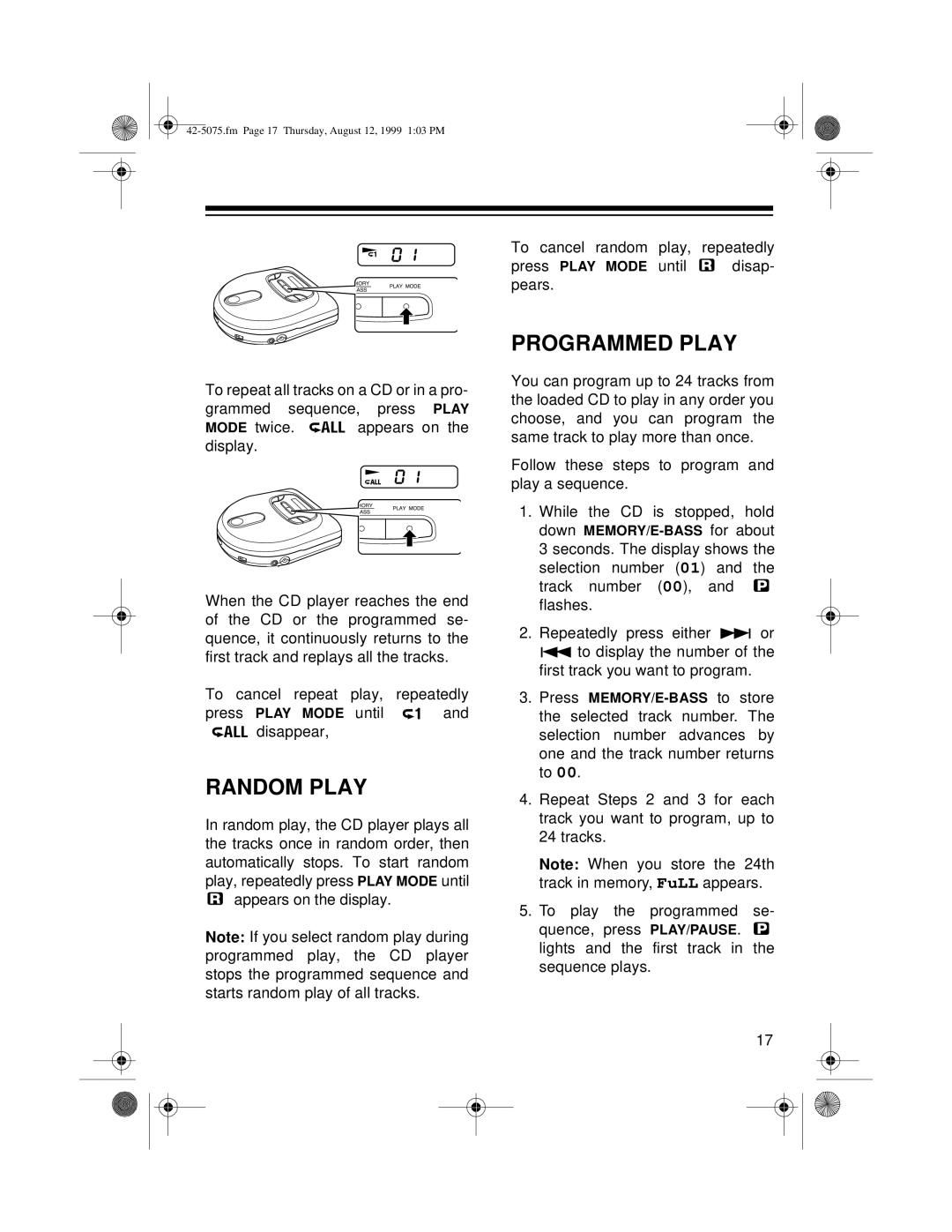 Optimus CD-3690 (42-5076), CD-3680 (42-5075) owner manual Random Play, Programmed Play 
